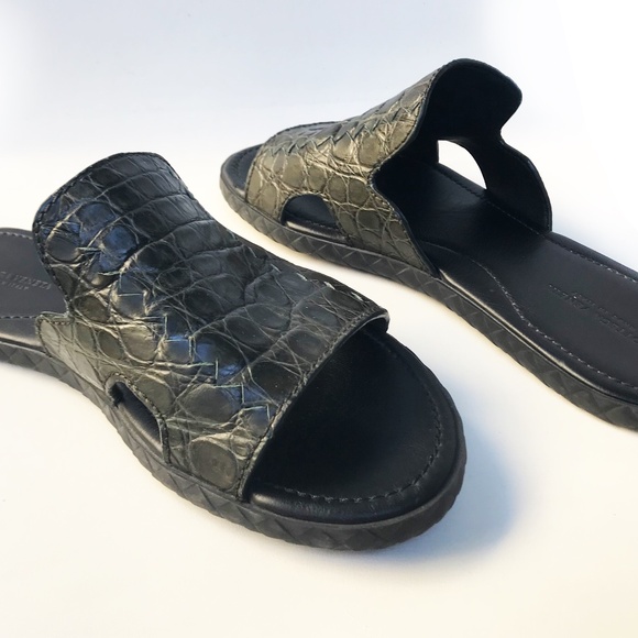 BOTTEGA VENETA SUNDAY FLAT SLIPPER GREENISH CROCODILE LEATHER OPEN TOE MEN'S 42